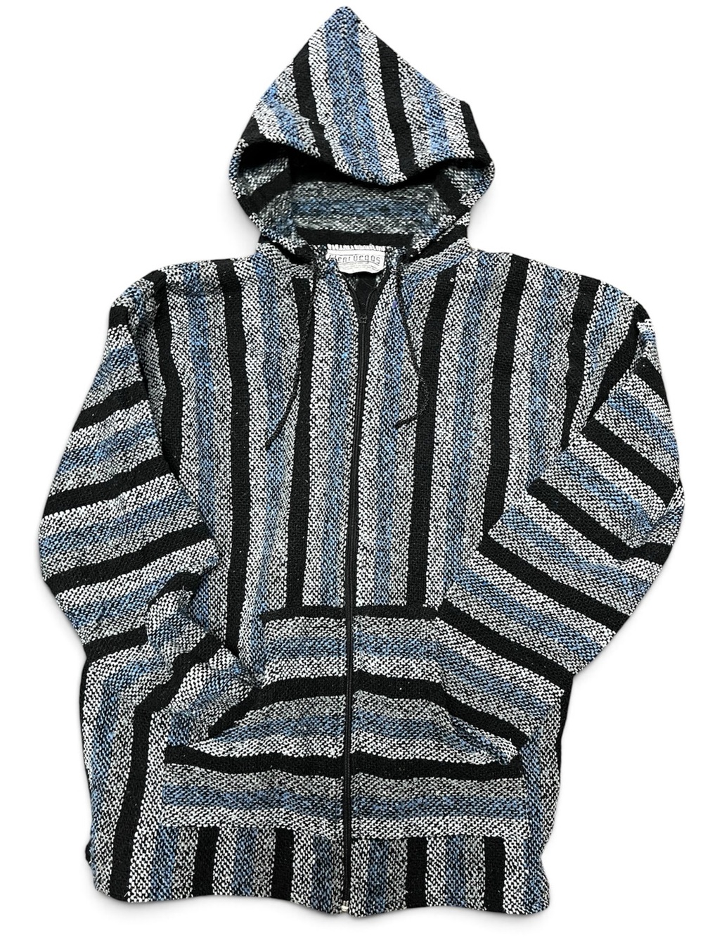 Zip-Up Hooded Baja Sweater Jacket - Blue & Black
